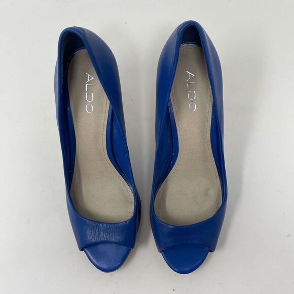 Aldo Women's Peep Toe Pump Stacked Heels Slip On Leather Blue Size EU 38 - Picture 2 of 13